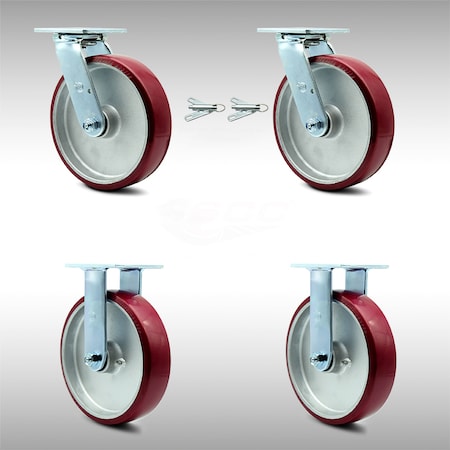 8 Inch SS Poly On Aluminum Caster Set With Roller Bearings 2 Swivel Lock 2 Rigid